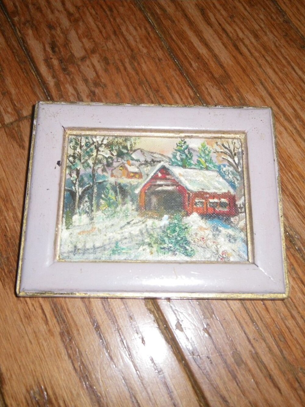 Vintage Miniature Framed Oil Painting Covered Bridge in Winter